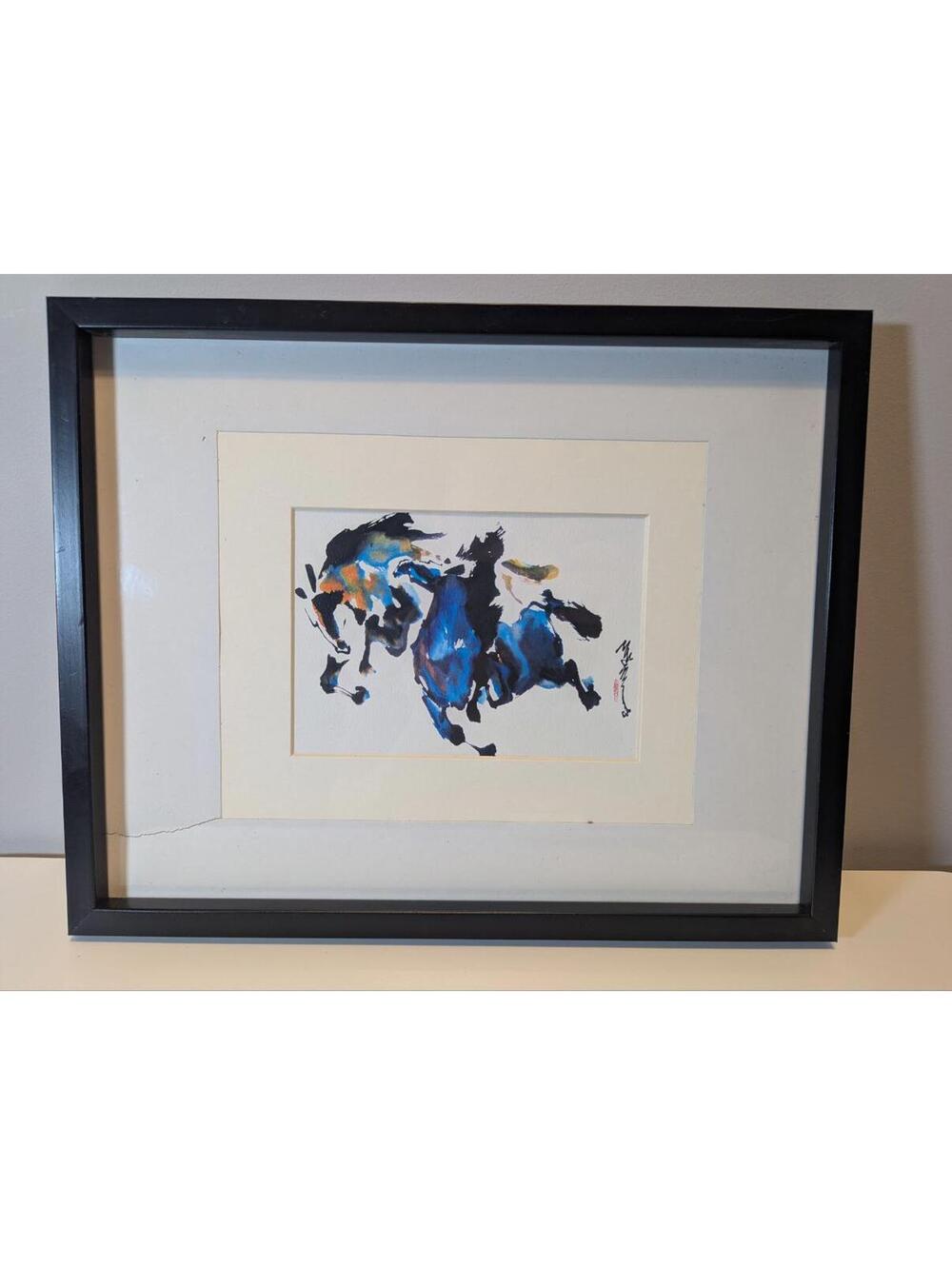 Dynamic Horse Asian Ink Style Painting Signed Framed Art Wall Decor 15x12